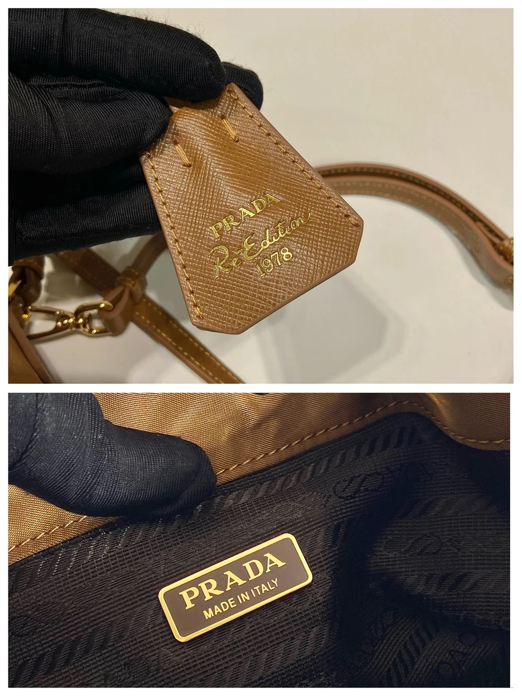 Prada Bucket Bag 19 In Russet Brown Re-Nylon And Calfskin Handle product view 6