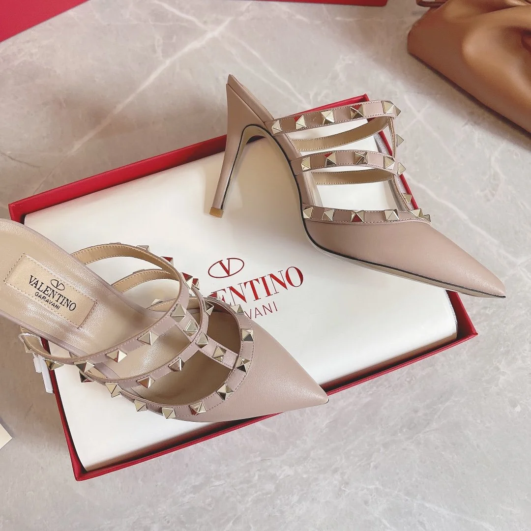 Valentino Women Beige Leather Studded Mules product view 6