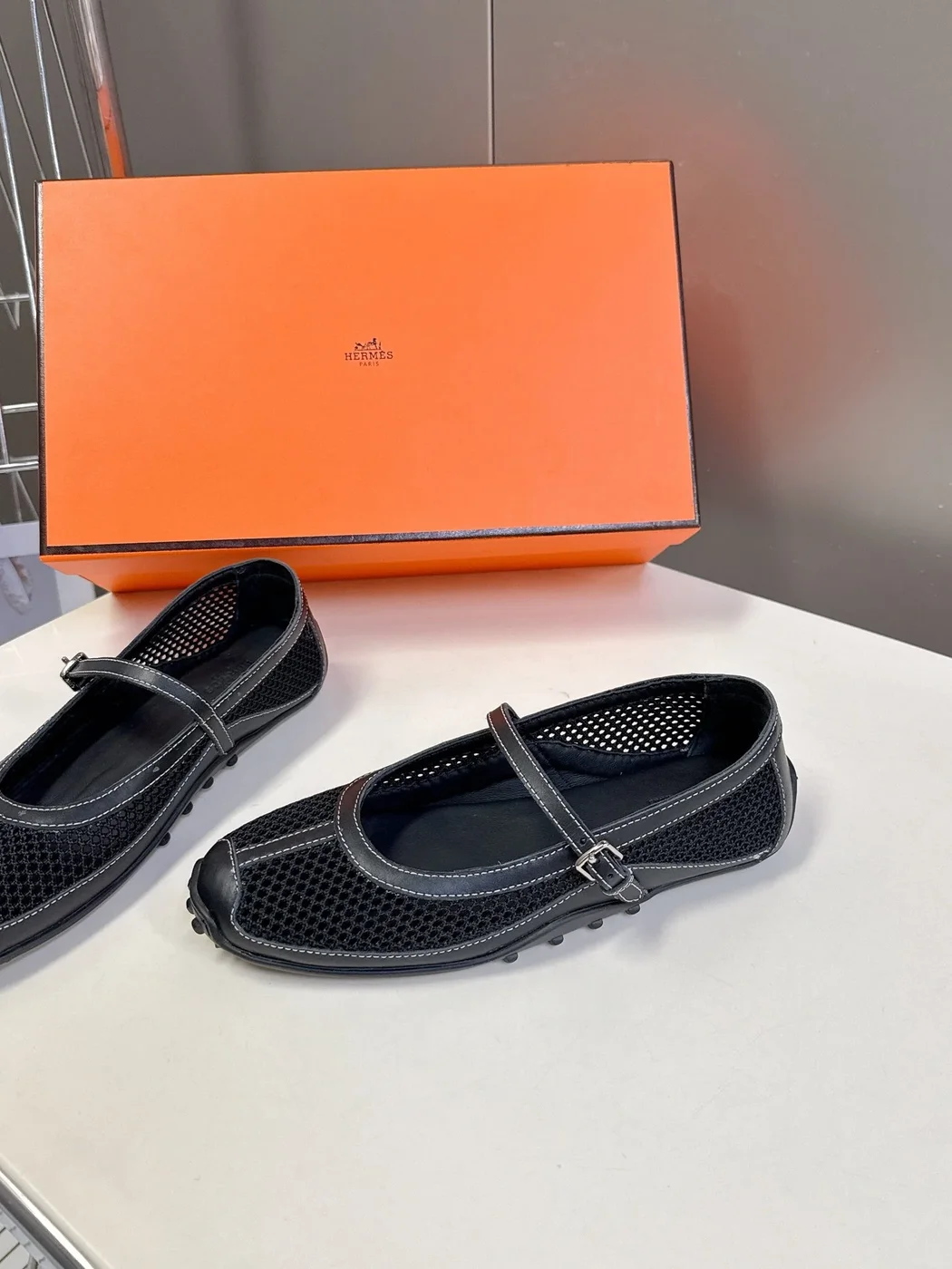 Hermès Women Black Mesh Leather Mary Janes product view 2