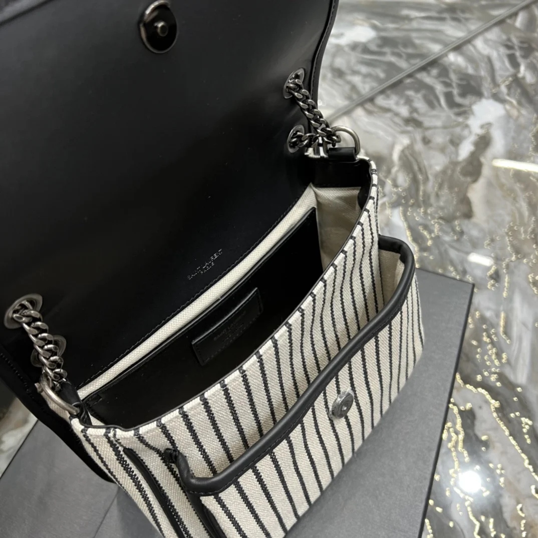 Saint Laurent Cotton Canvas Striped Vintage Calfskin Monogram Medium Niki Chain Satchel Bag product view 3