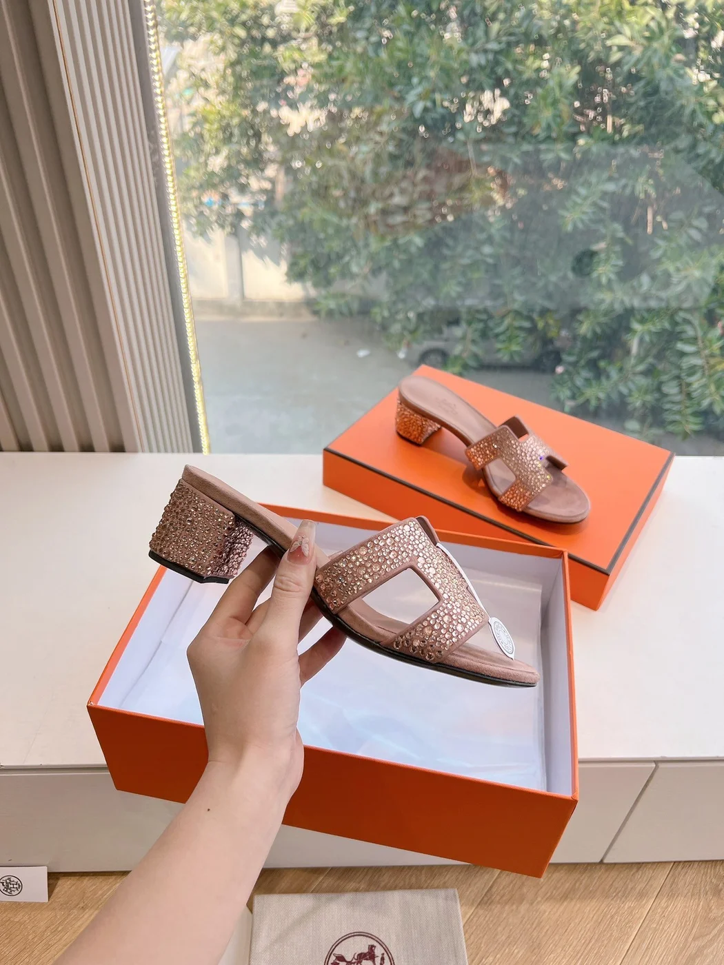 Hermès Women Pink Suede Crystal-Embellished Mules product view 5