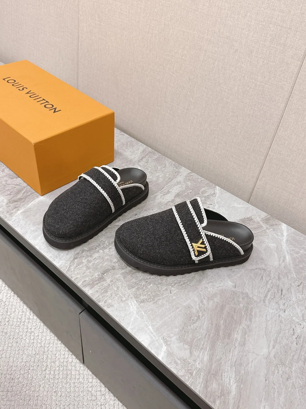 Louis Vuitton Women Black Felt Leather Trim Mules product view 3