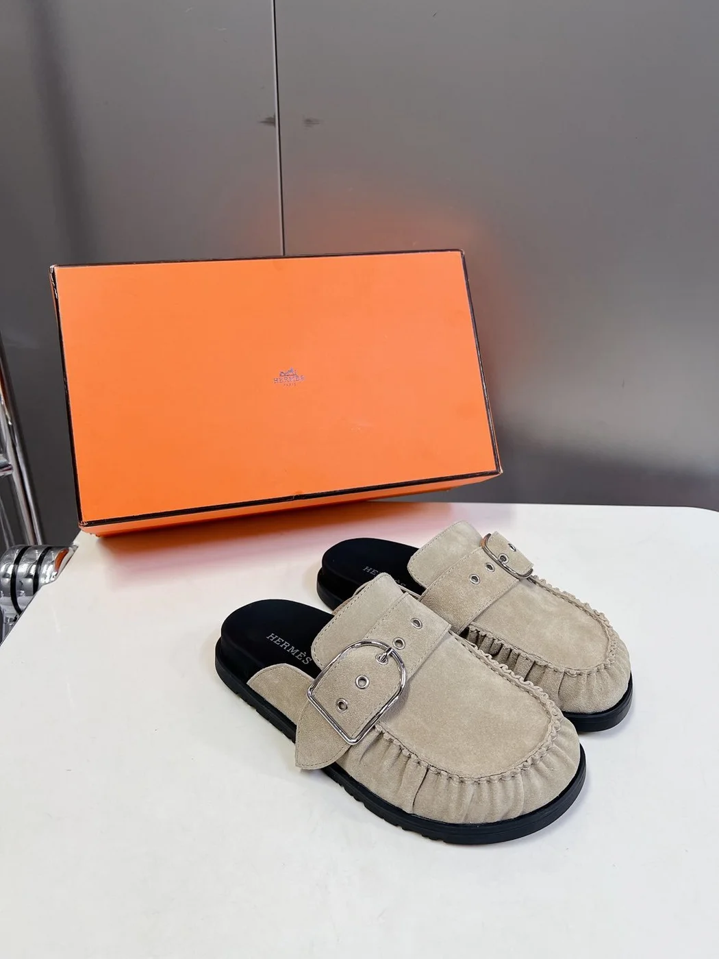 Hermès Women Beige Suede Buckle Mules product view 5