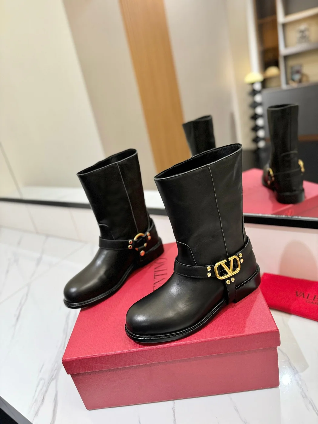 Valentino Women Black Leather Mid-Calf Boots product view 4