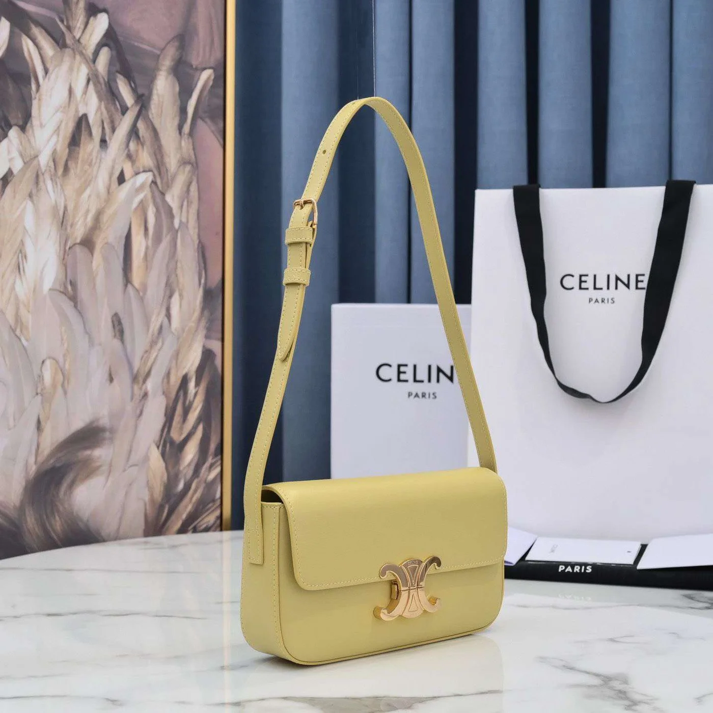 Celine Triomphe Handbag Bright Yellow Smooth Leather 20x12cm product view 2