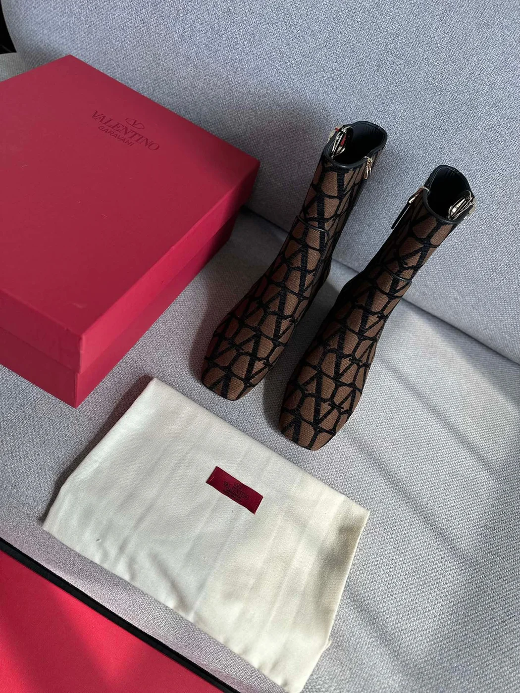 Valentino Women Brown Fabric Logo Pattern Boots product view 3