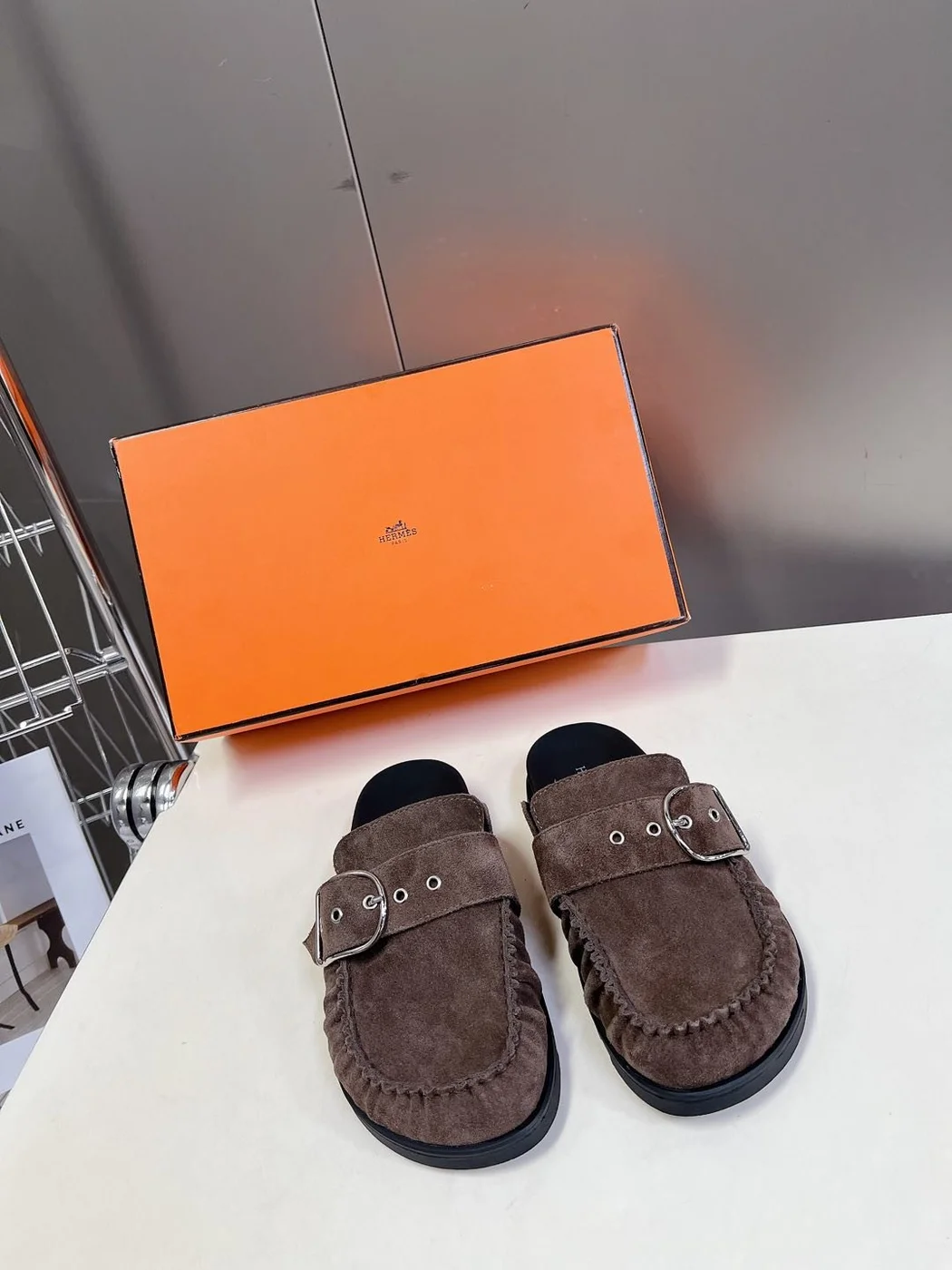 Hermès Women Brown Suede Buckle Mules product view 1