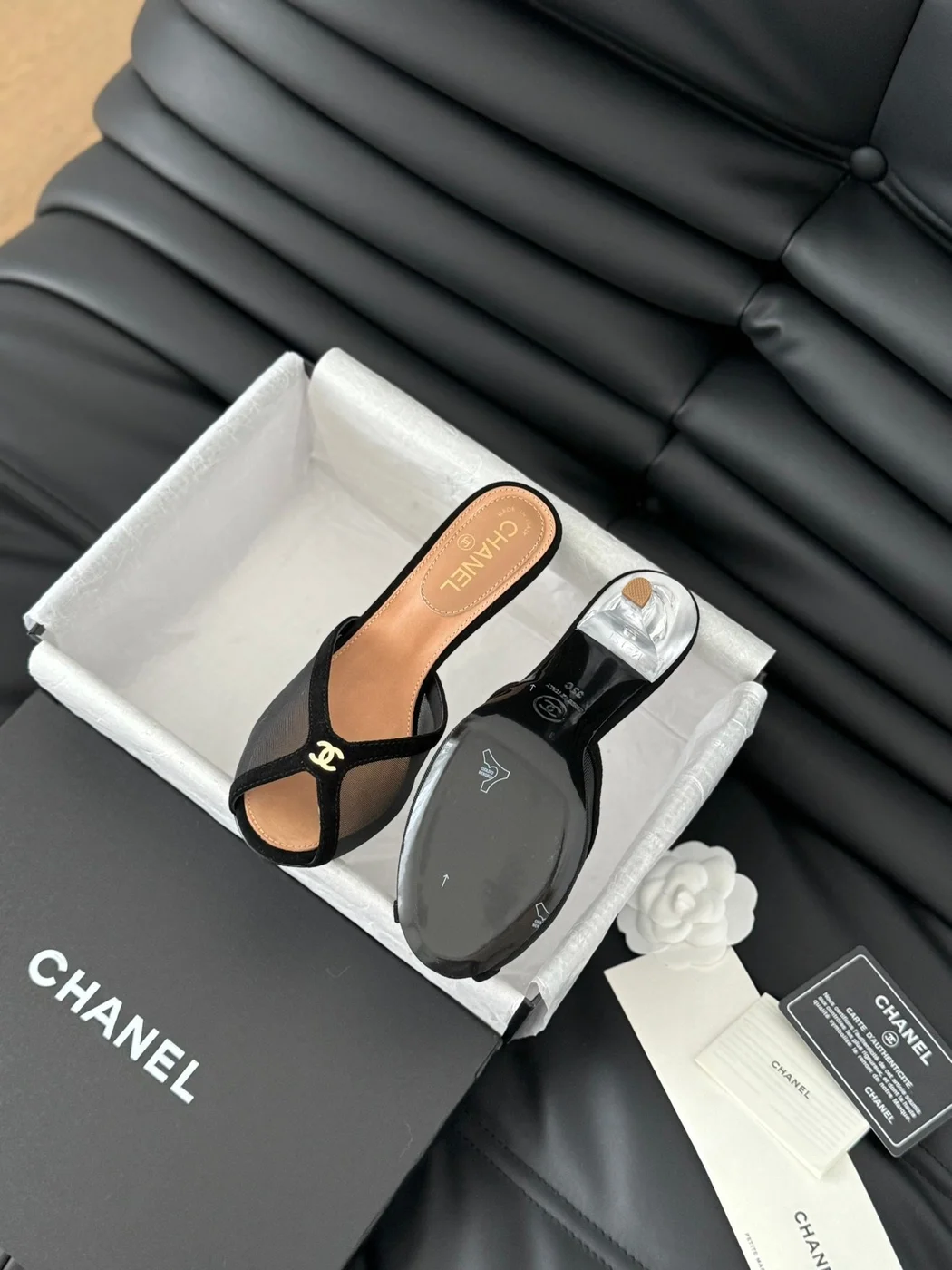 Chanel Women Black Mesh Logo Slide Sandals product view 6
