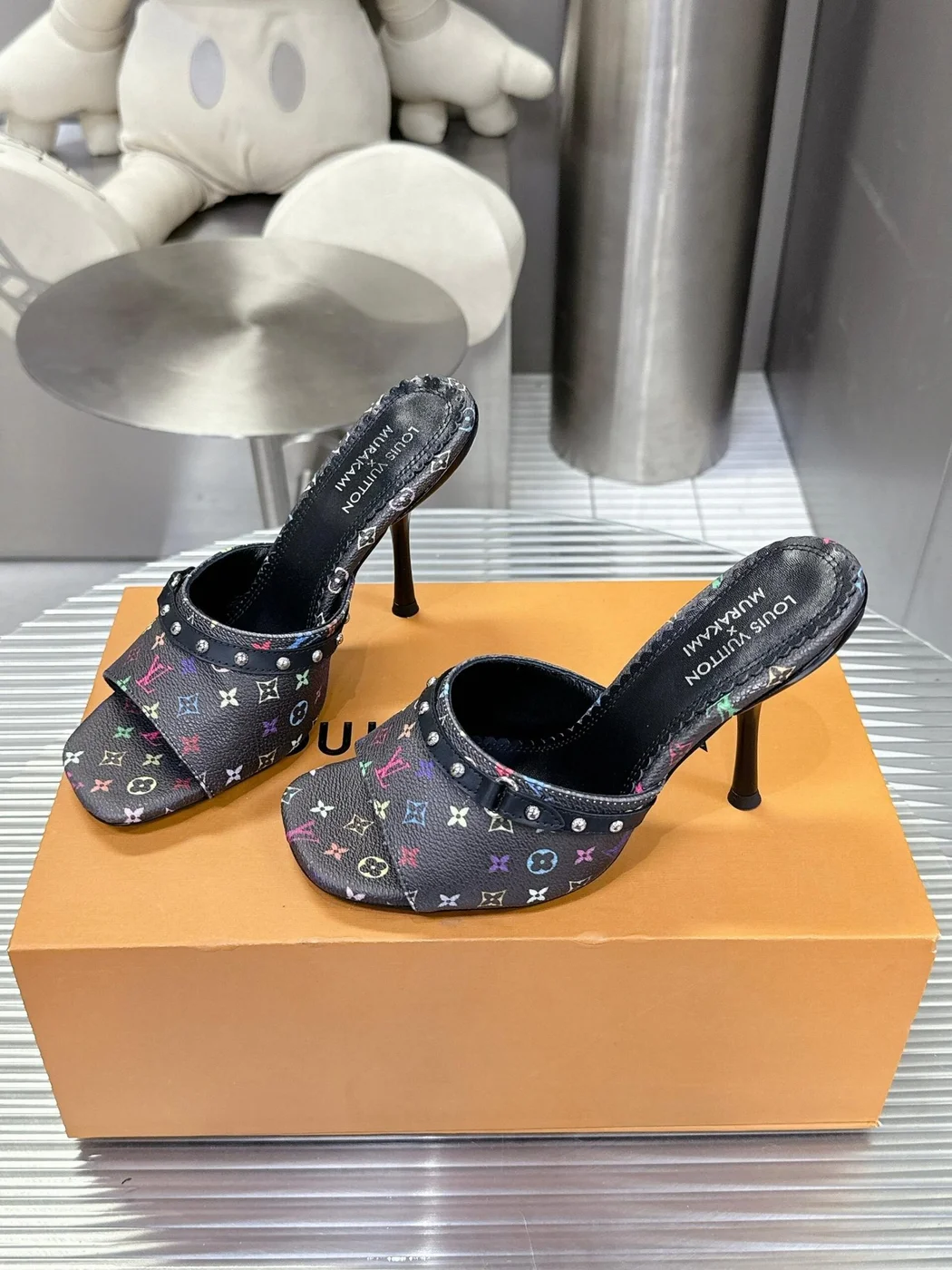 Louis Vuitton Women Black Leather Multicolor Logo Mules product view 5
