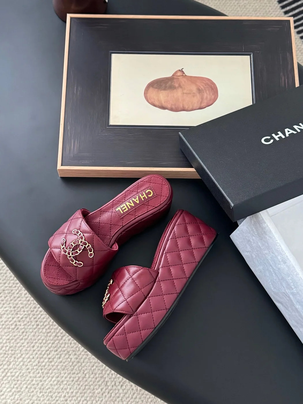 Chanel Women Burgundy Quilted Leather Slides product view 3