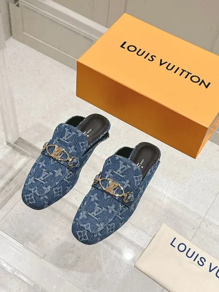 Louis Vuitton Women Blue Denim Leather Mules product photo