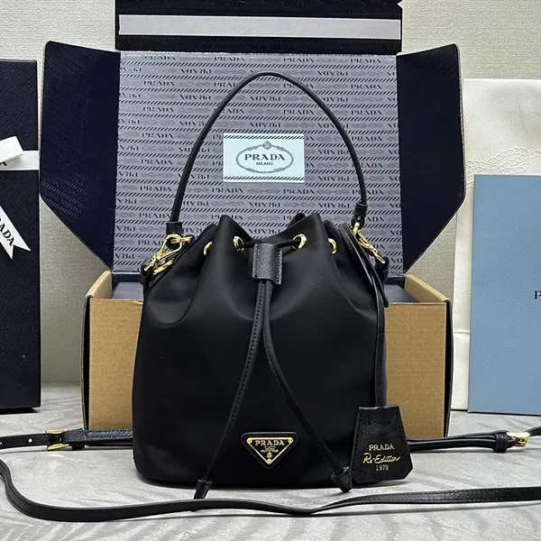 Prada Bucket Bag 19 In Black Re-Nylon And Calfskin Handle product view 1