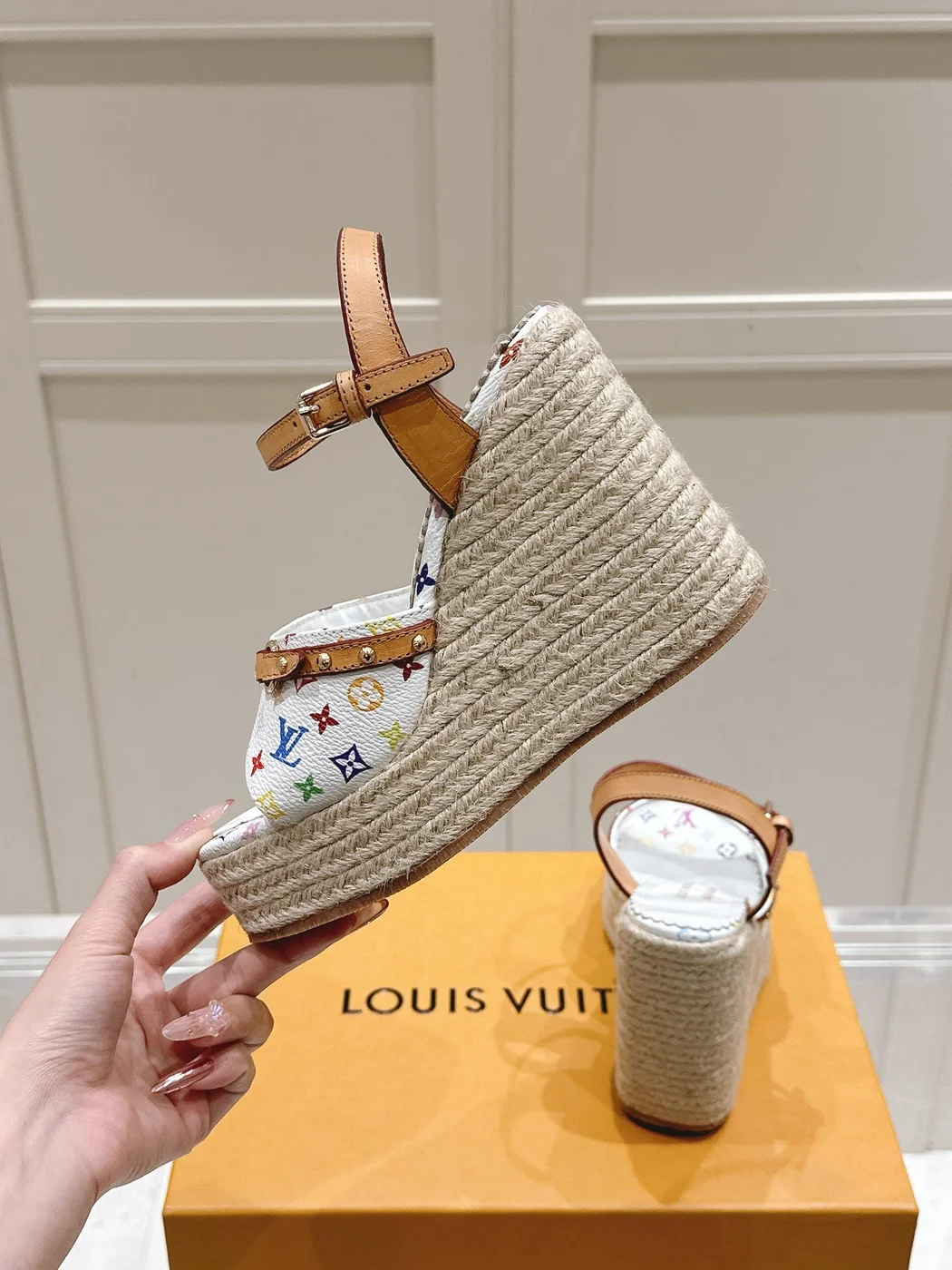 Louis Vuitton Women White Leather Multicolor Print Wedge Sandals product view 6