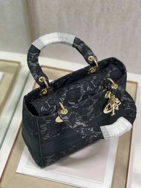 Dior Medium Lady D-Lite bag in black lace embroidery product view 3