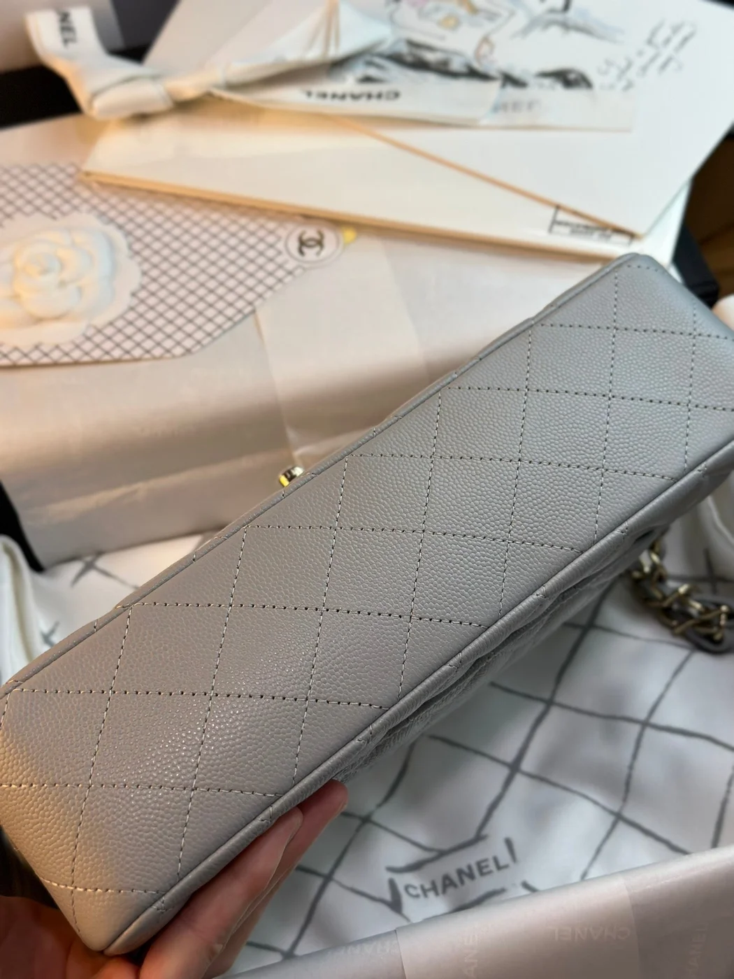 Chanel Flap Bag 25 cm Gold Hardware Grey Caviar product view 5