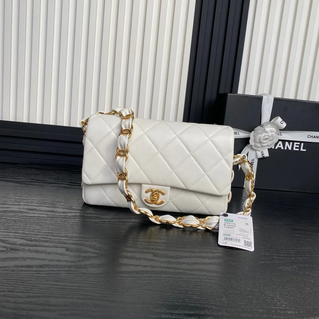 Chanel Medium Flap Bag 26 In White Calfskin Gold Double C Thick Chain product view 1