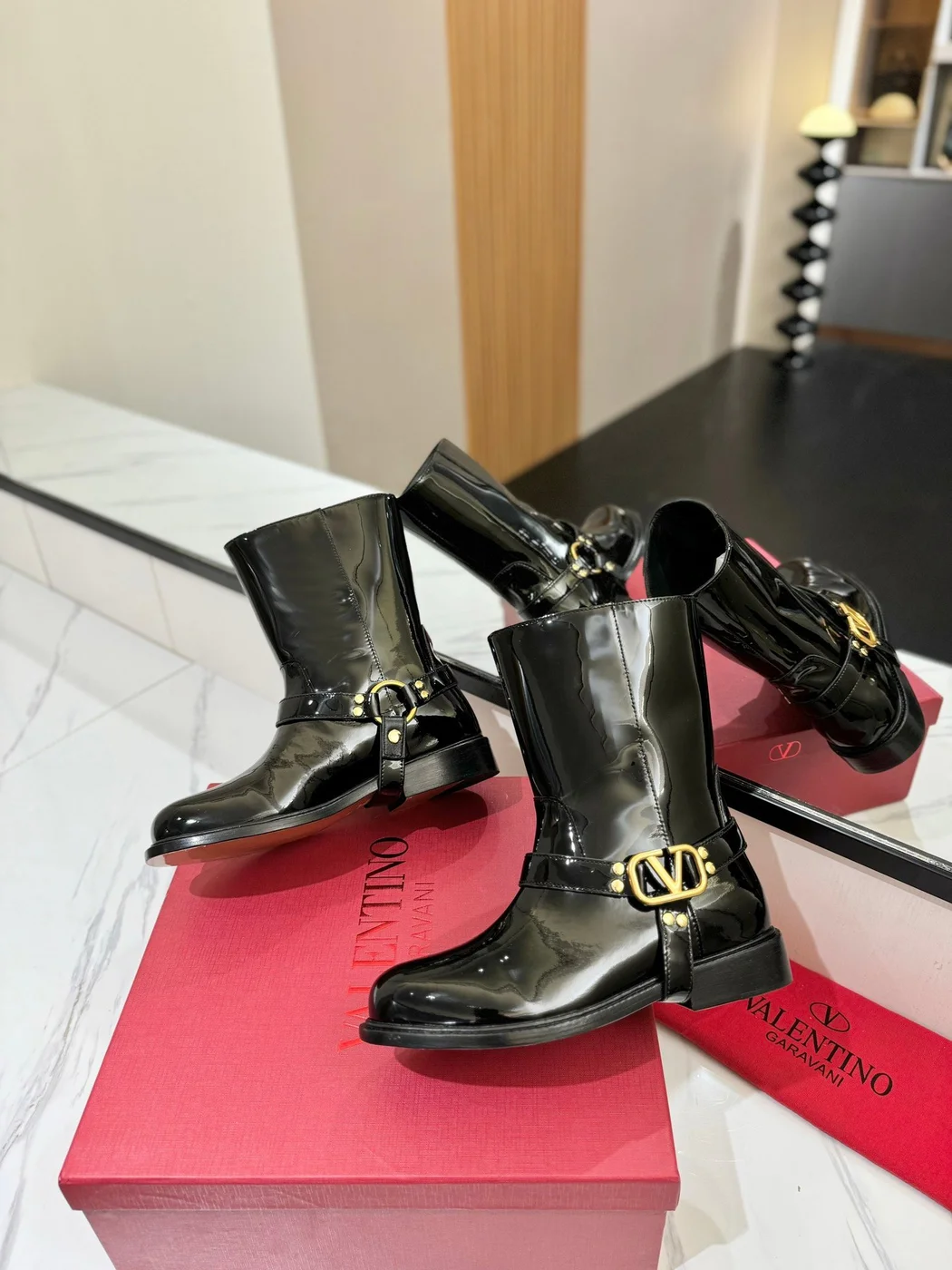Valentino Women Black Leather Mid-Calf Boots product view 6