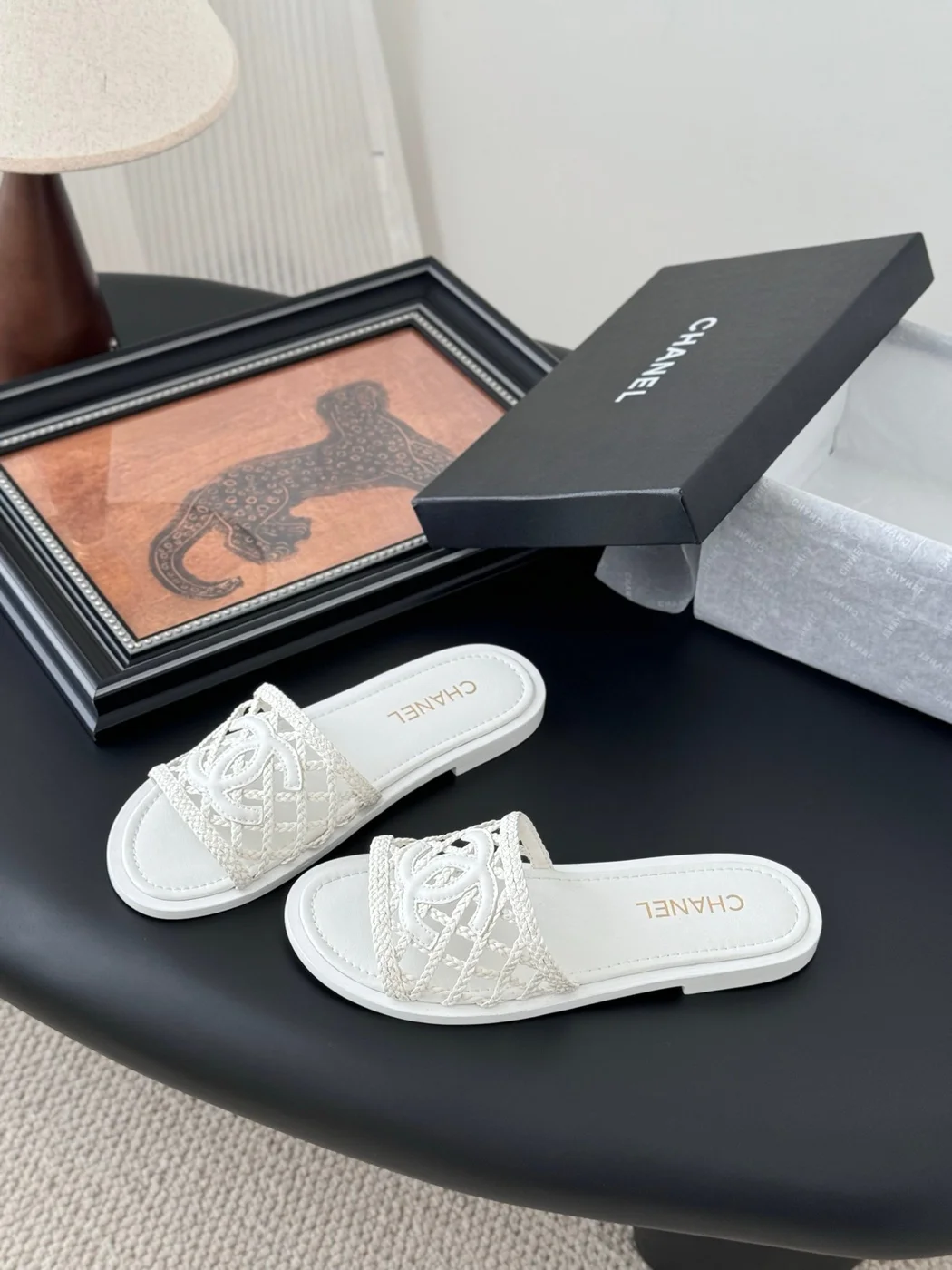 Chanel Women White Woven Leather Slides product view 2