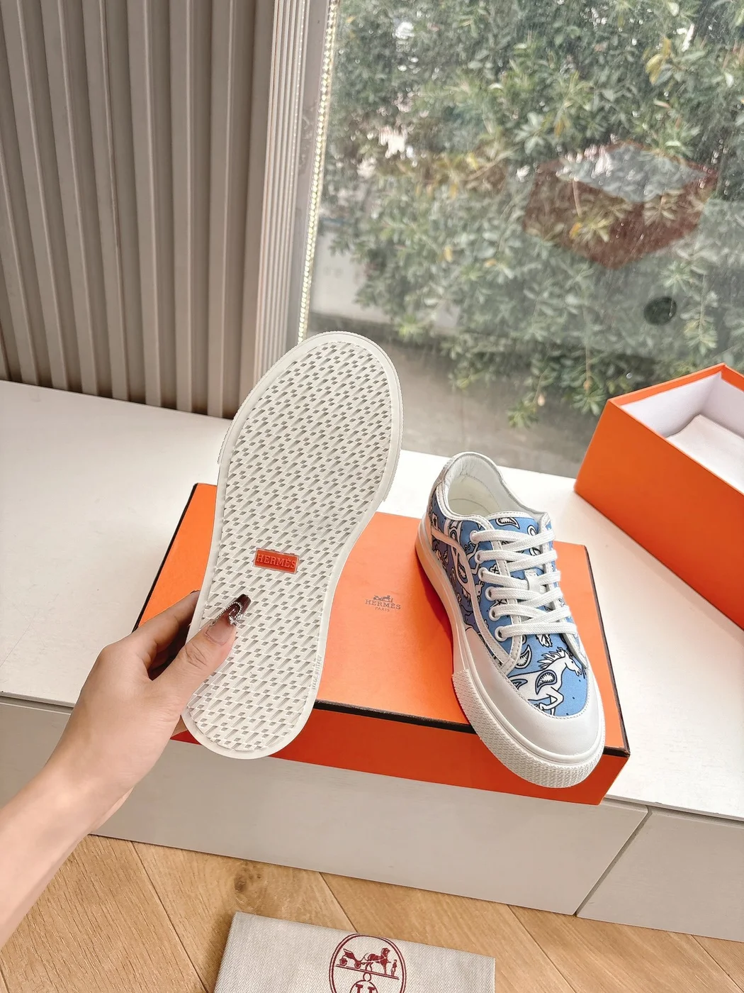Hermès Women Light Blue Canvas And White Sneakers product view 2