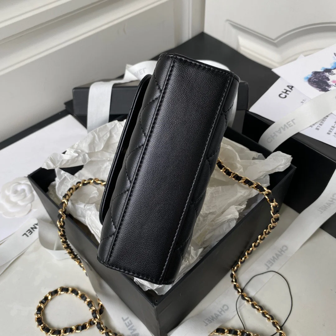 Chanel Woc Pearl Handle Plated Handbags Black Leather With Lock Gold .5×14.5×5.5 cm product view 2