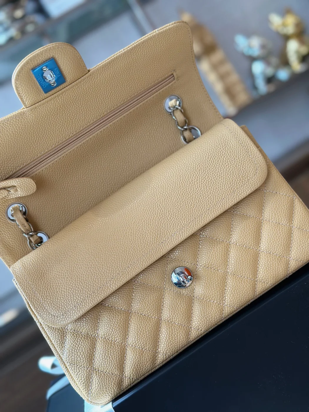 Chanel Classic Handbags Beige Leather With Lizard Skin 23 cm product view 4