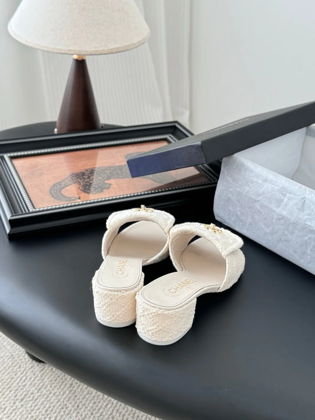 Chanel Women Cream Tweed Slides product view 3