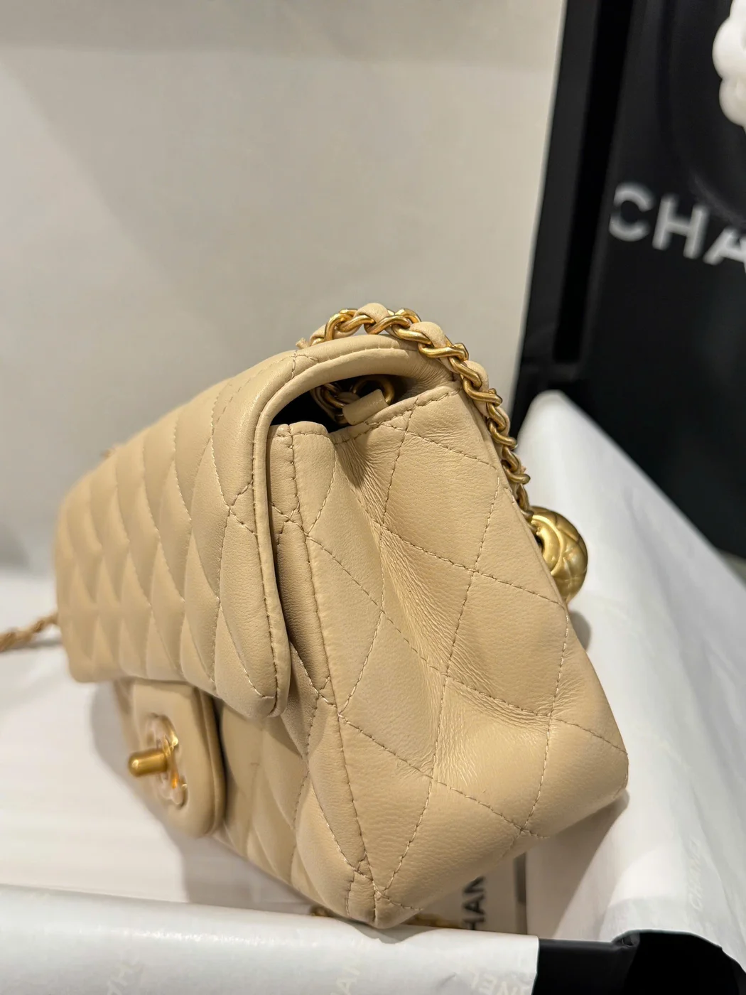 Chanel Classic Bell Bag Handbags Beige Leather Lock Gold 20 cm product view 3
