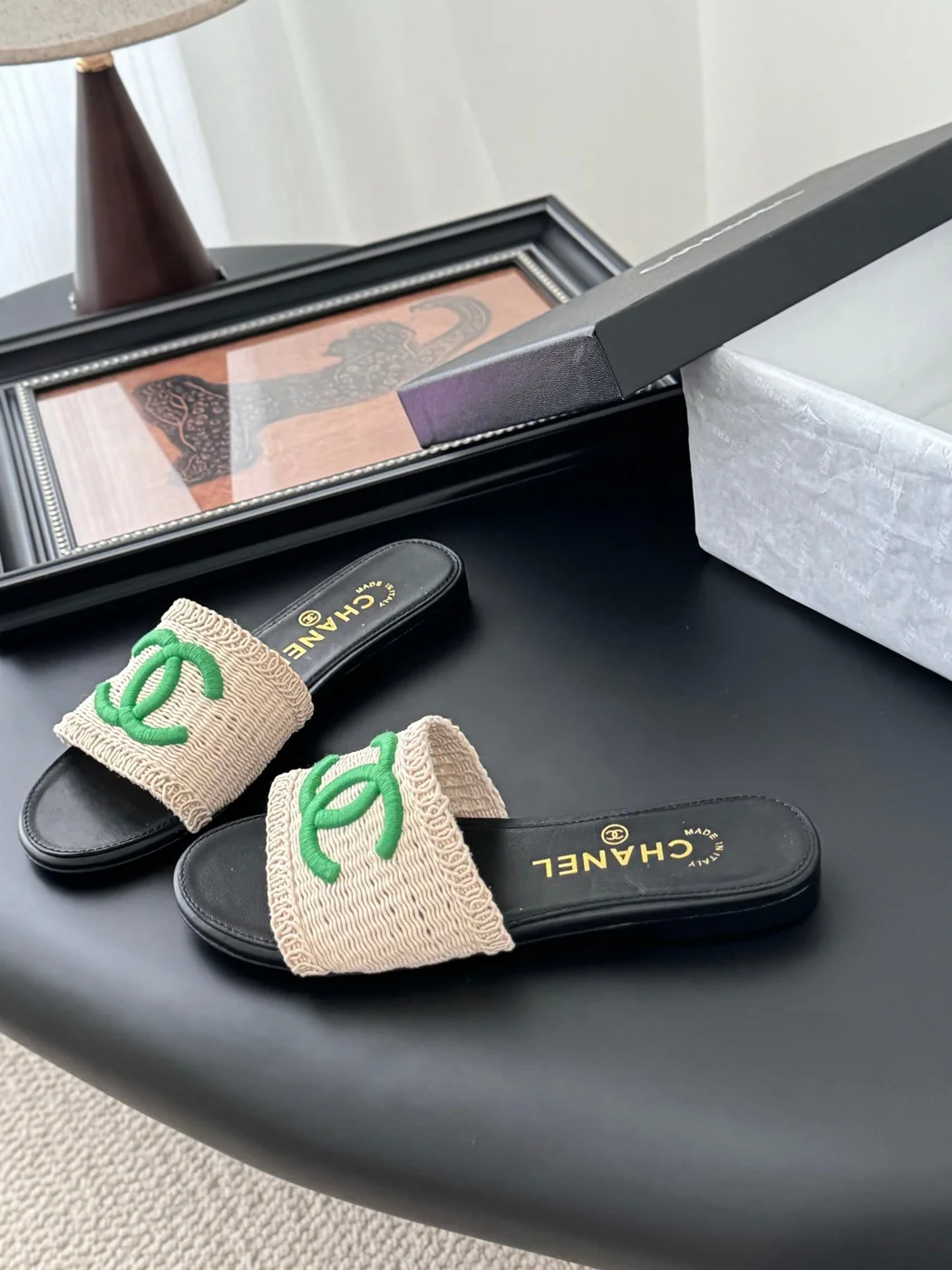 Chanel Women Beige Fabric Green Logo Slides product view 2