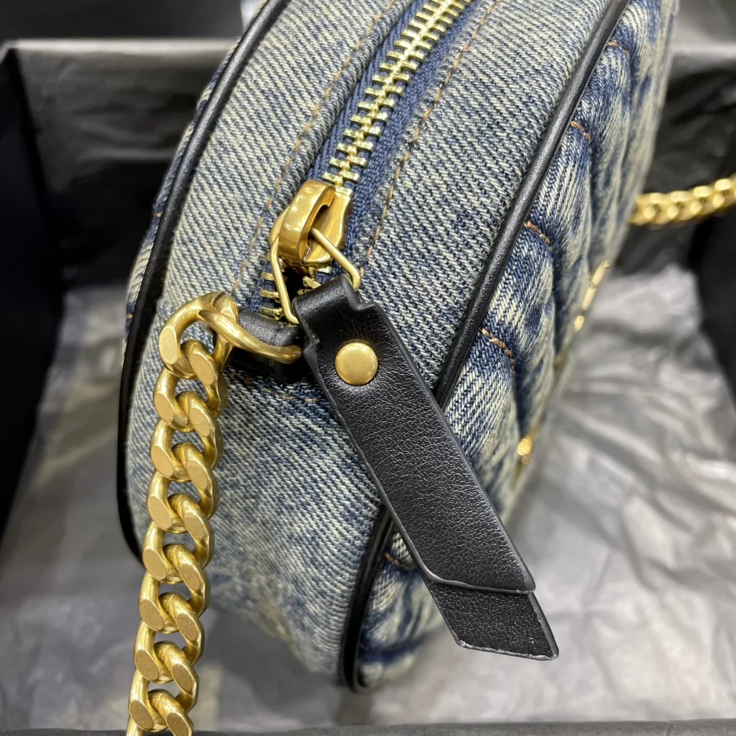 Saint Laurent Women Vinyle Round Camera Bag in Chevron-Quilted Denim and Suede product view 4