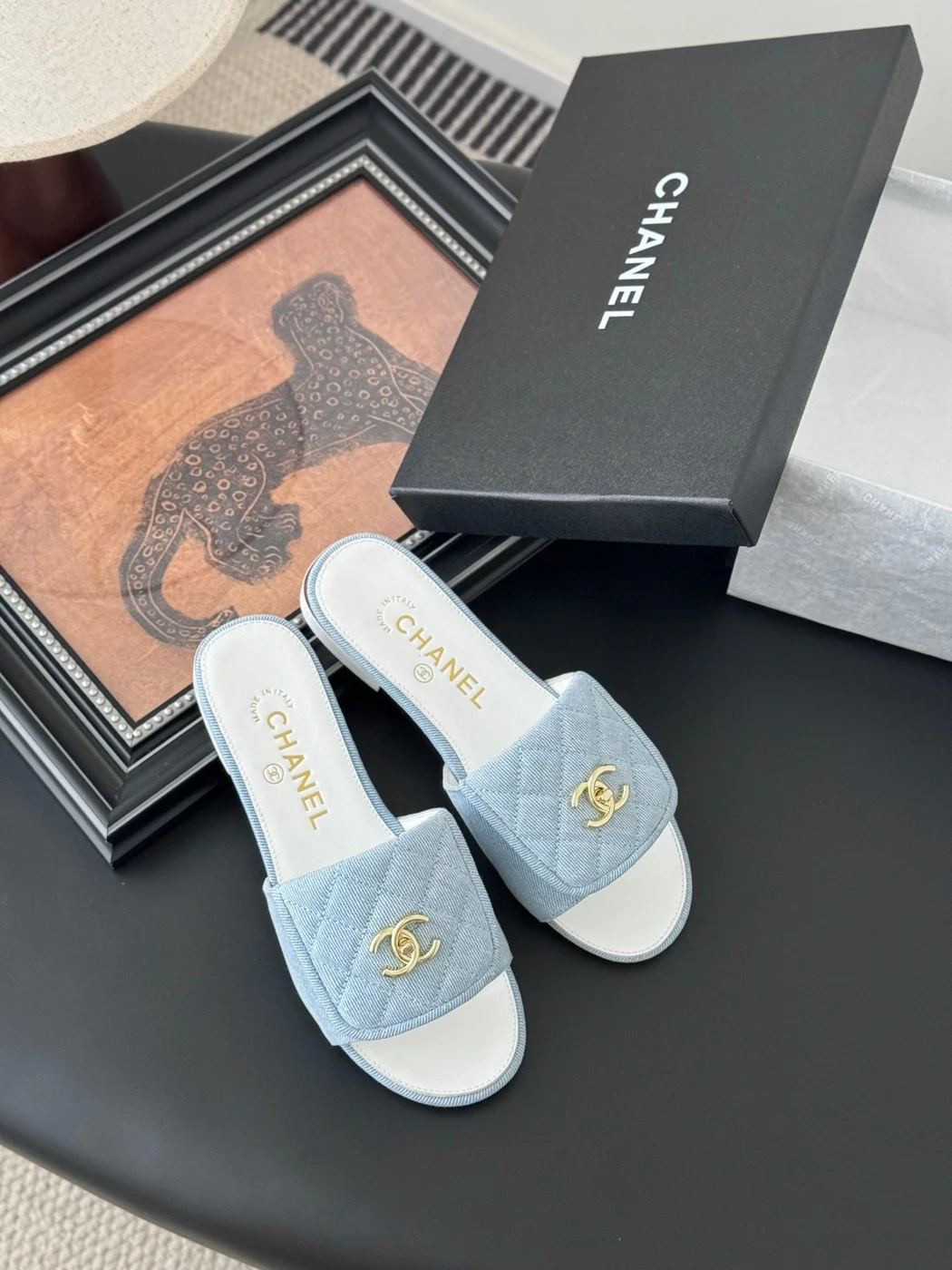 Chanel Women Light Blue Quilted Fabric Slides product view 6