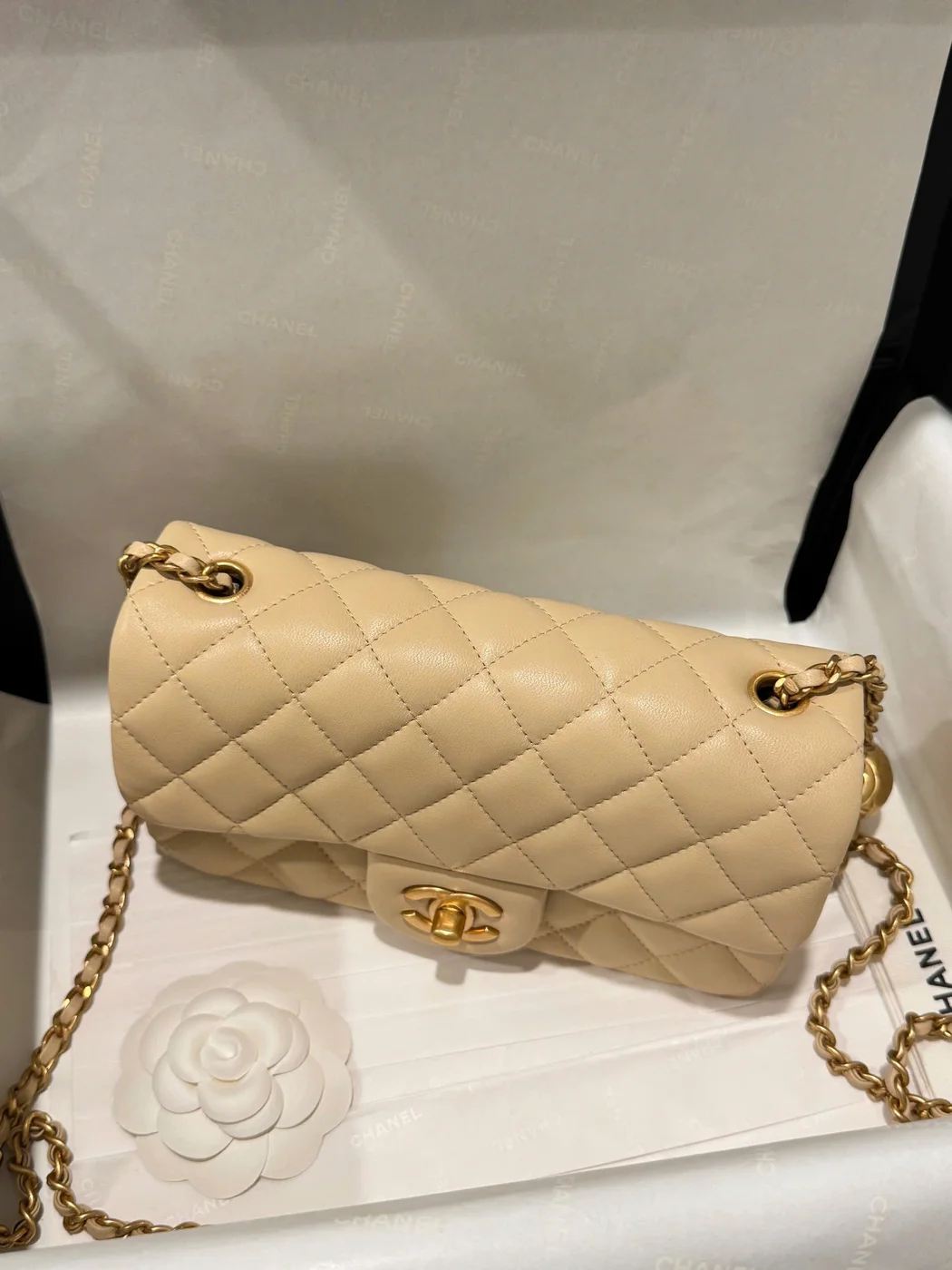 Chanel Classic Bell Bag Handbags Beige Leather Lock Gold 20 cm product view 5