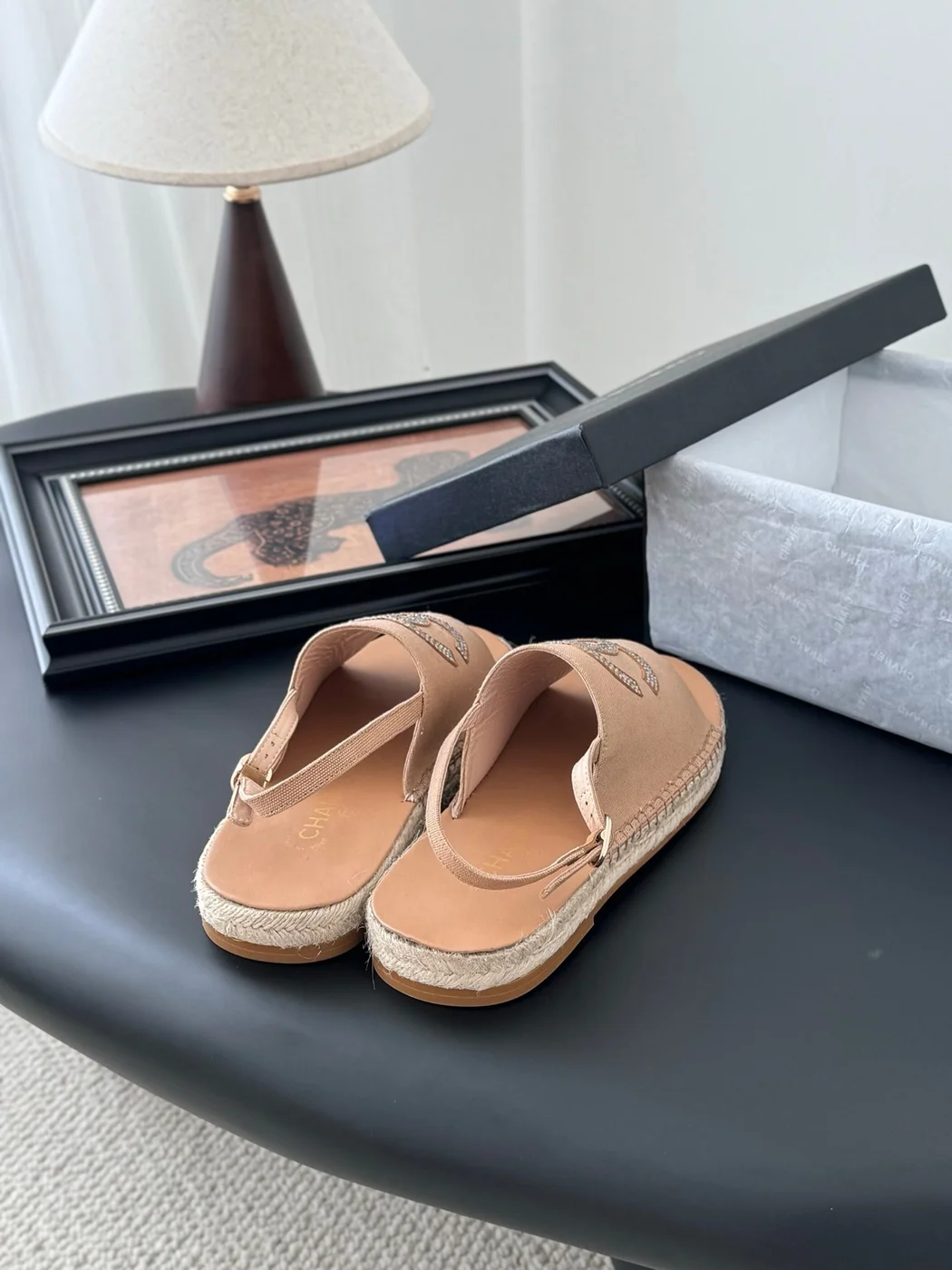 Chanel Women Beige Canvas Crystal Logo Sandals product view 3