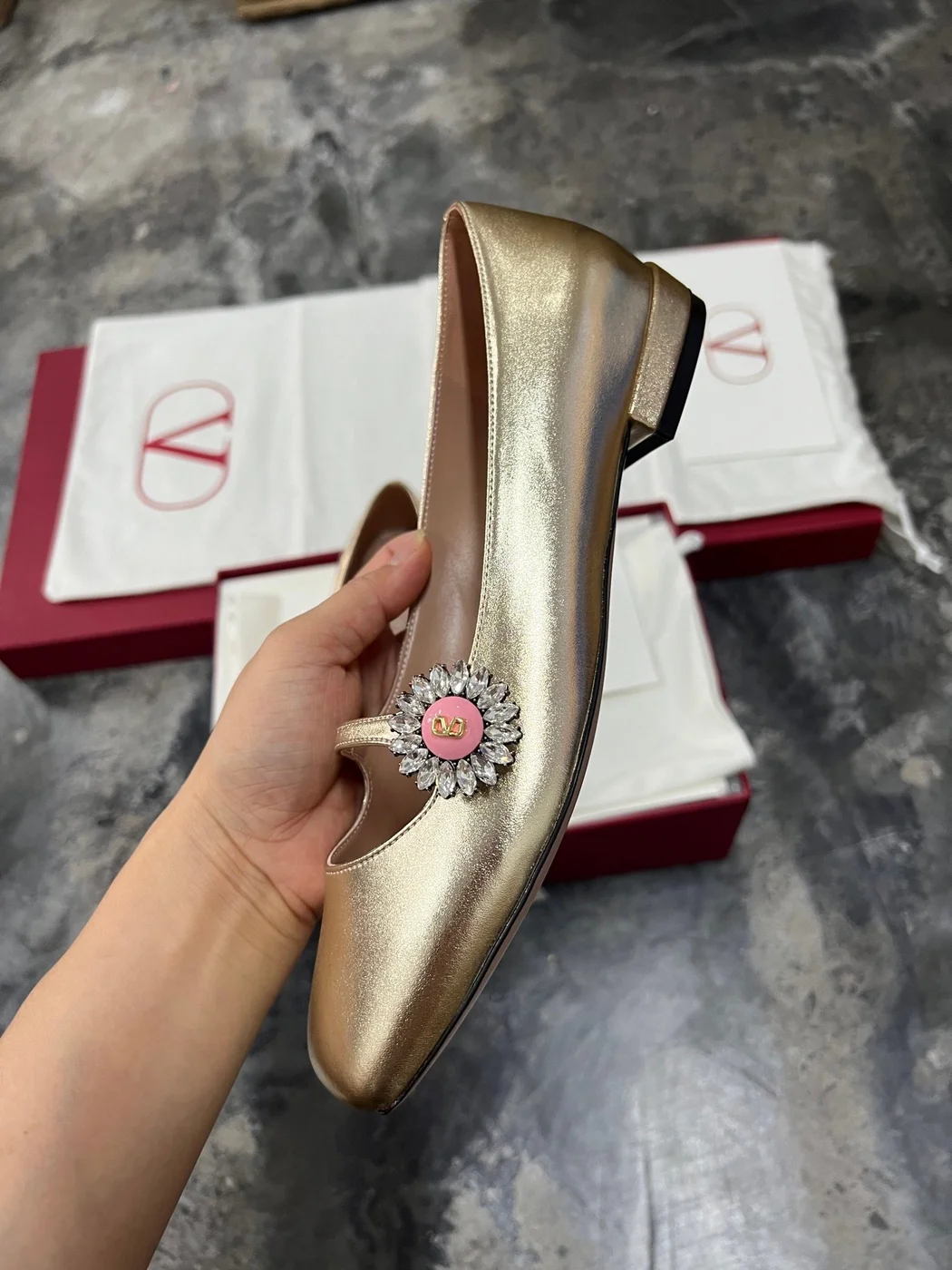 Valentino Women Gold Leather Embellished Flats product view 3