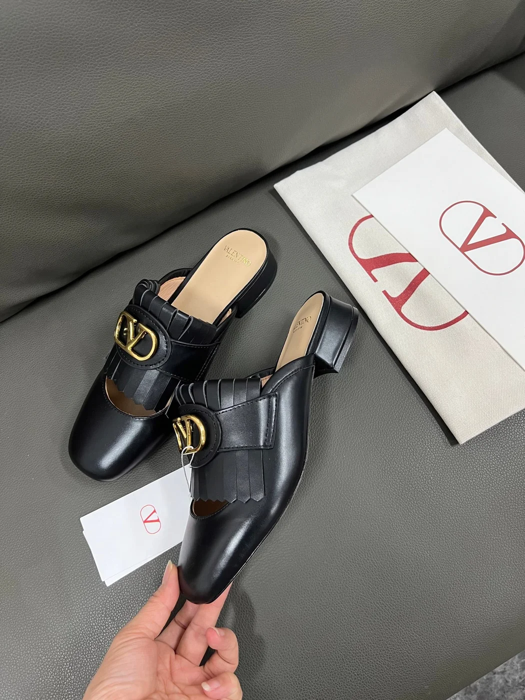 Valentino Women Black Leather Fringe Mules product view 5