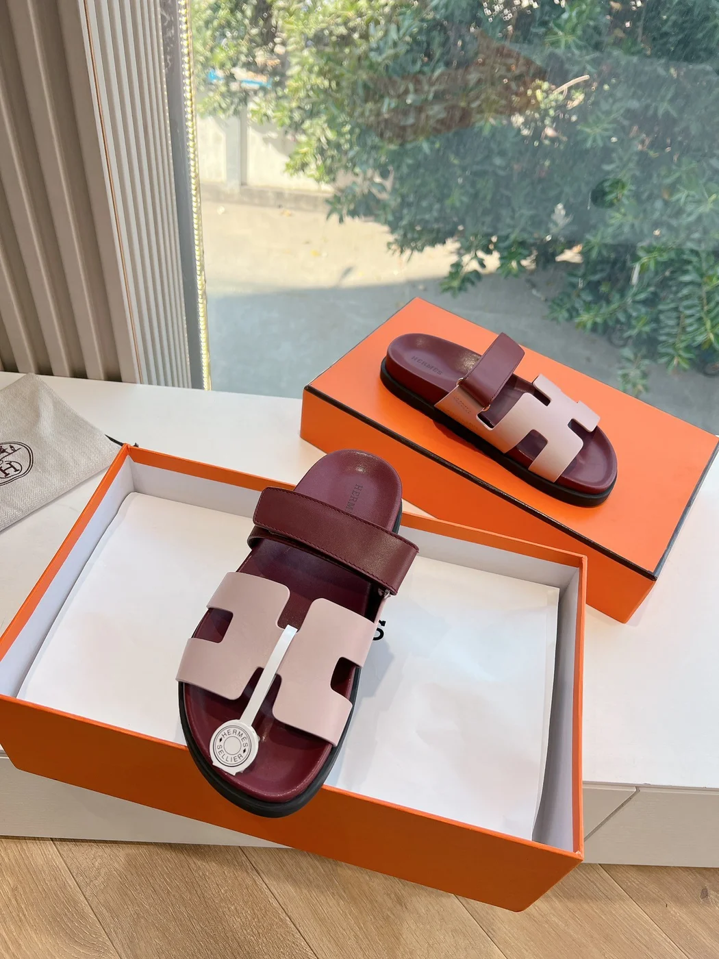 Hermès Women Burgundy Leather Pink Accent Sandals product view 5