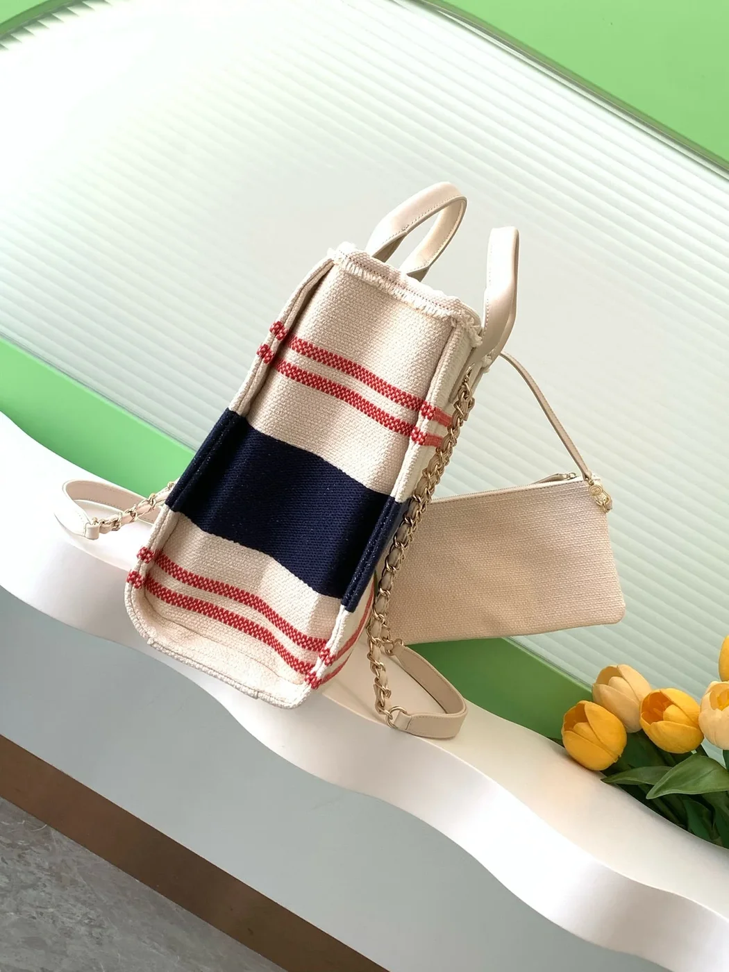 Chanel Shopping Bag 34 In White Red And Navy Blue Canvas product view 3