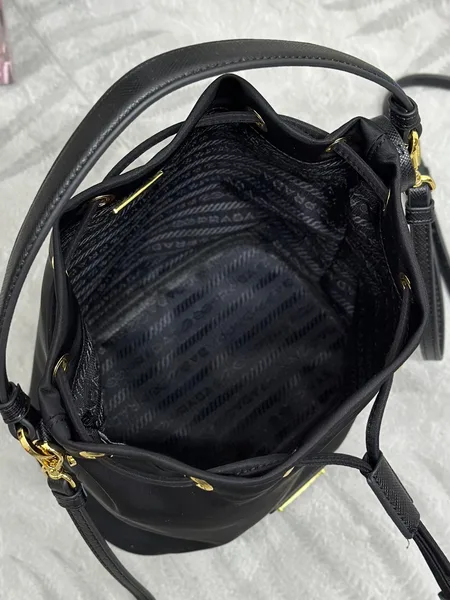 Prada Bucket Bag 19 In Black Re-Nylon And Calfskin Handle product view 3