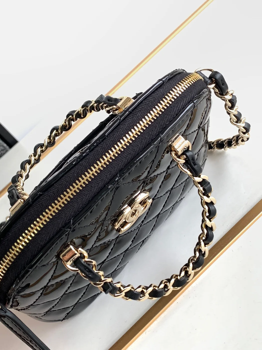 Chanel Alma Mini Shiny Leather Handbags Black Lock Gold 12 cm product view 6