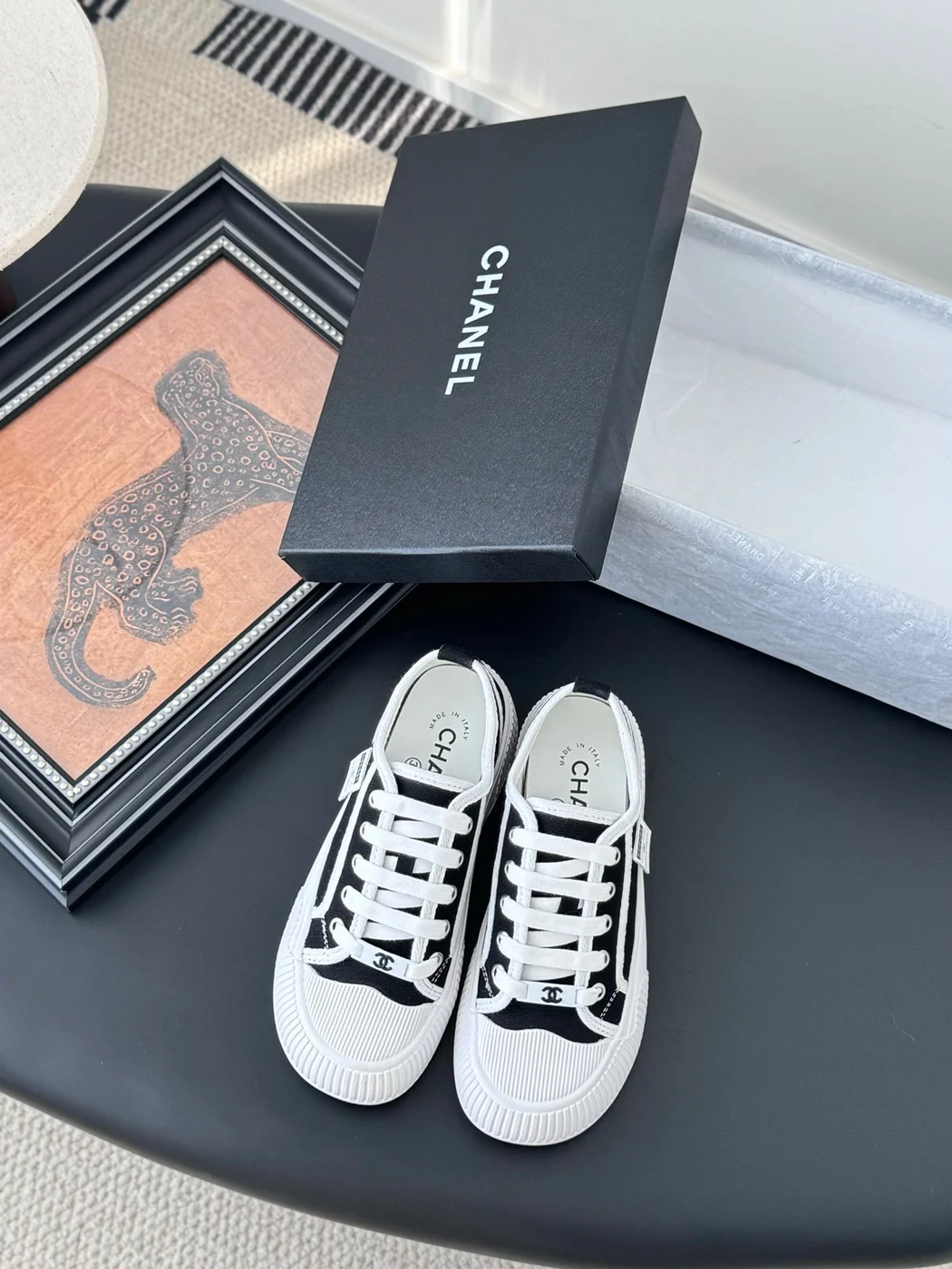 Chanel Women Black Canvas White Trim Sneakers product view 1