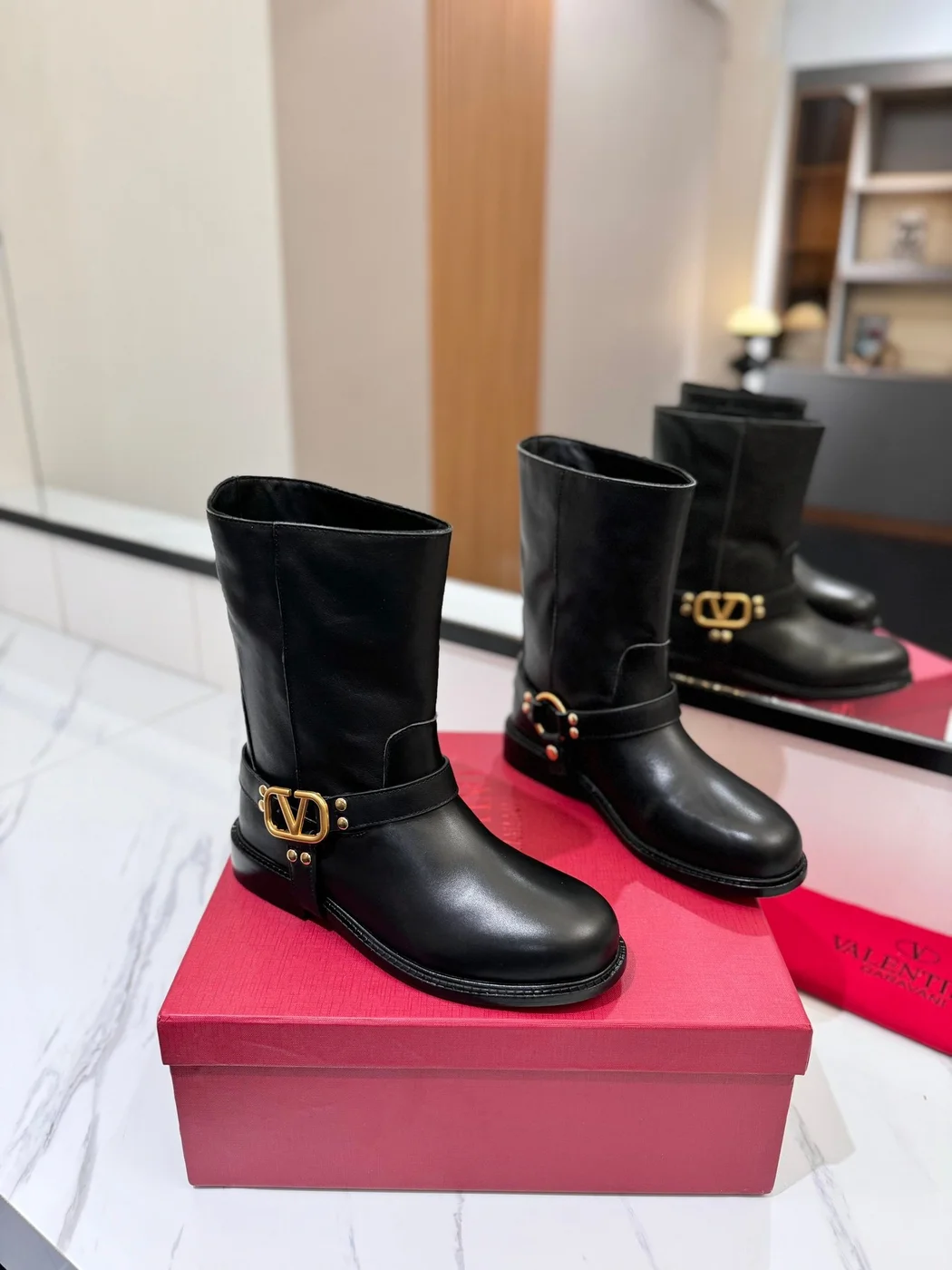 Valentino Women Black Leather Mid-Calf Boots product view 1