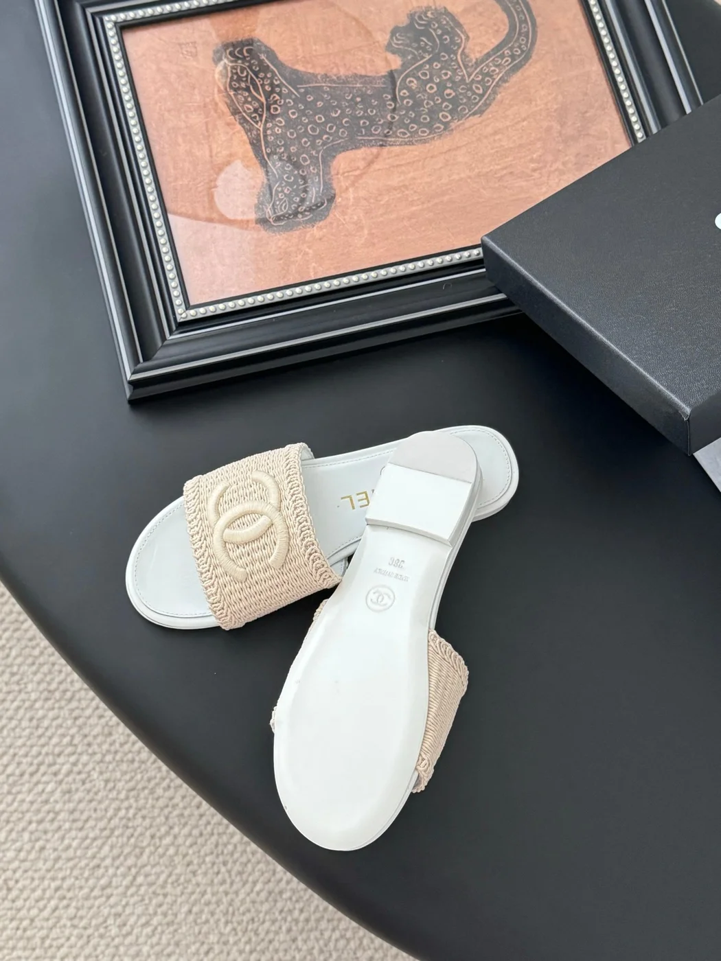Chanel Women Beige Woven Fabric Slides product view 5