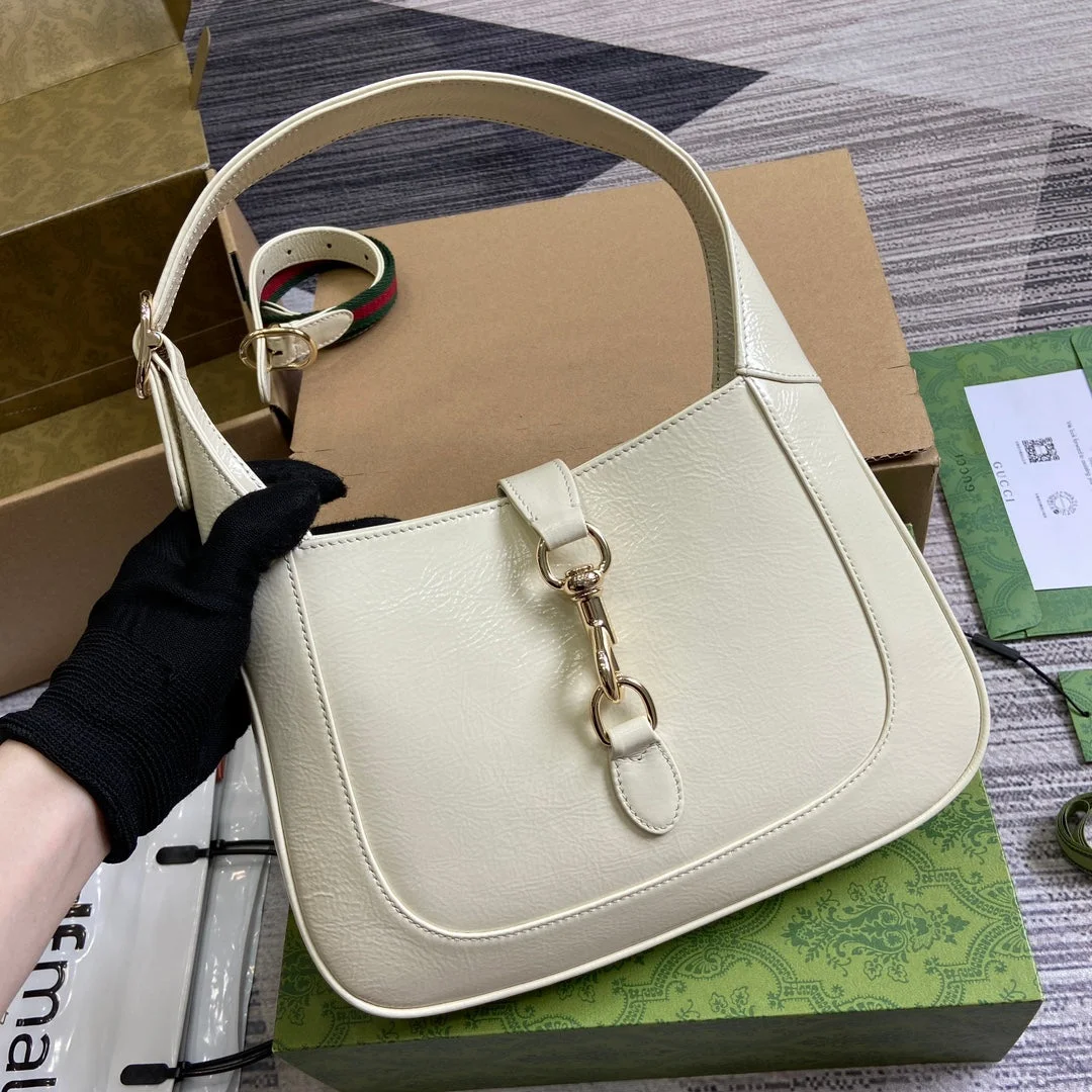 Gucci Jackie Small Shoulder Bag 27 In White Cracked Lacquer Calfskin Gold Hardware product view 6