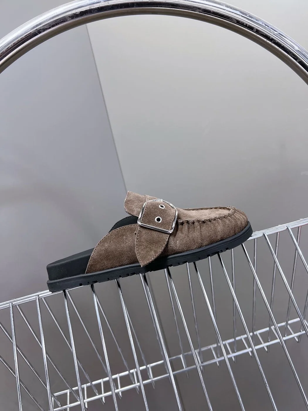 Hermès Women Brown Suede Buckle Mules product view 2