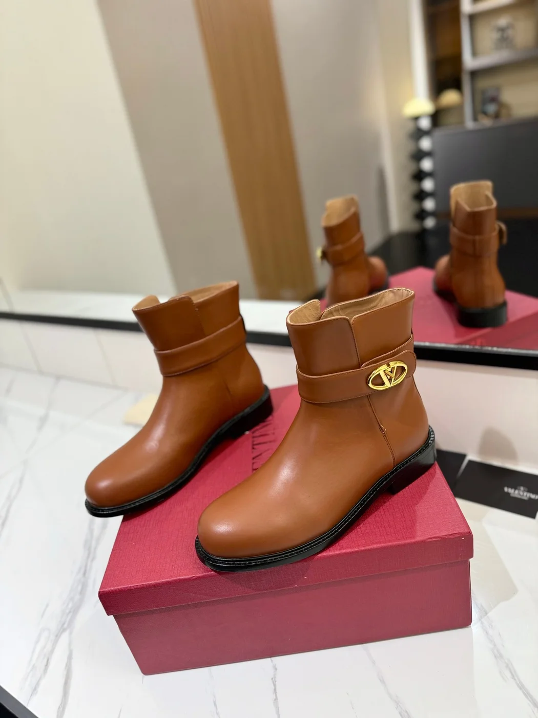Valentino Women Brown Leather Ankle Boots product view 3