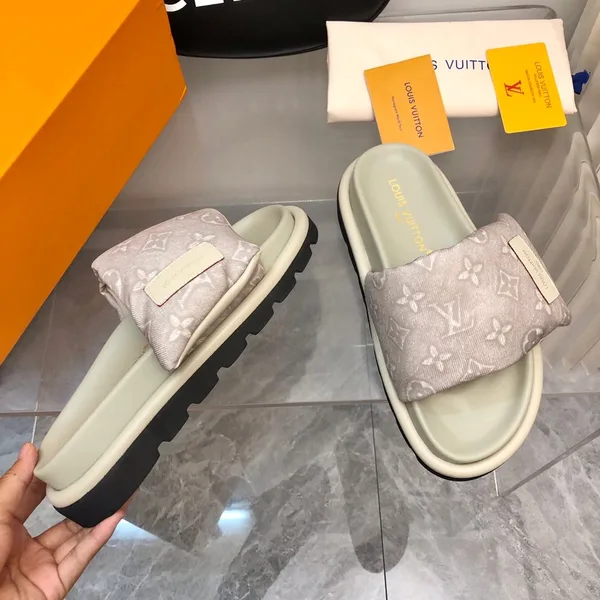 Louis Vuitton Women Light Gray Fabric Slides Sandals product view 2