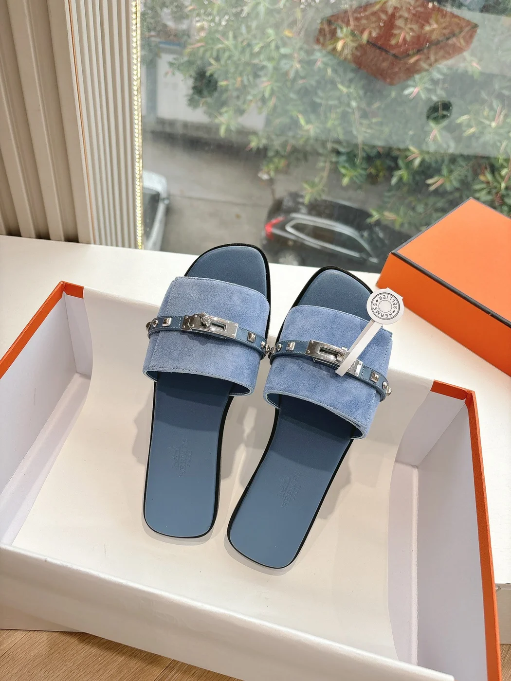 Hermès Women Blue Suede Flat Slide Sandals product view 5
