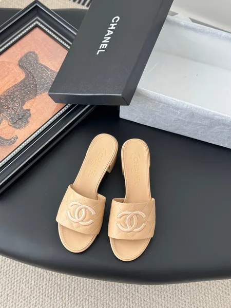 Chanel Women Beige Leather Quilted Slides product view 1