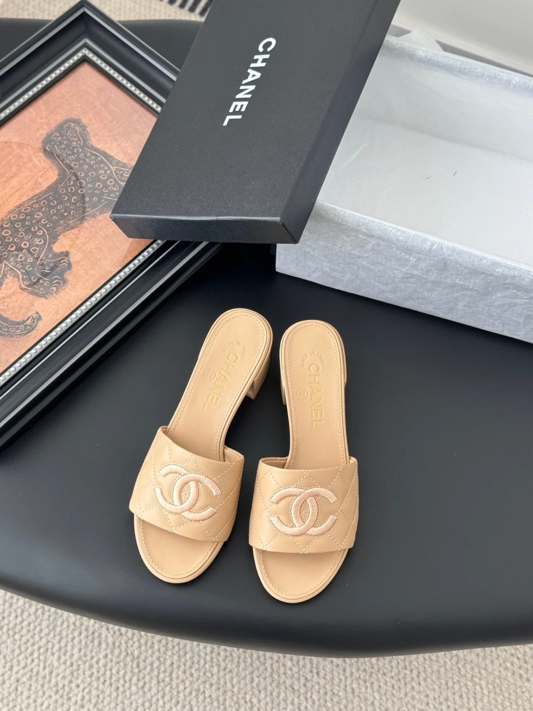 Chanel Women Beige Leather Quilted Slides product view 1