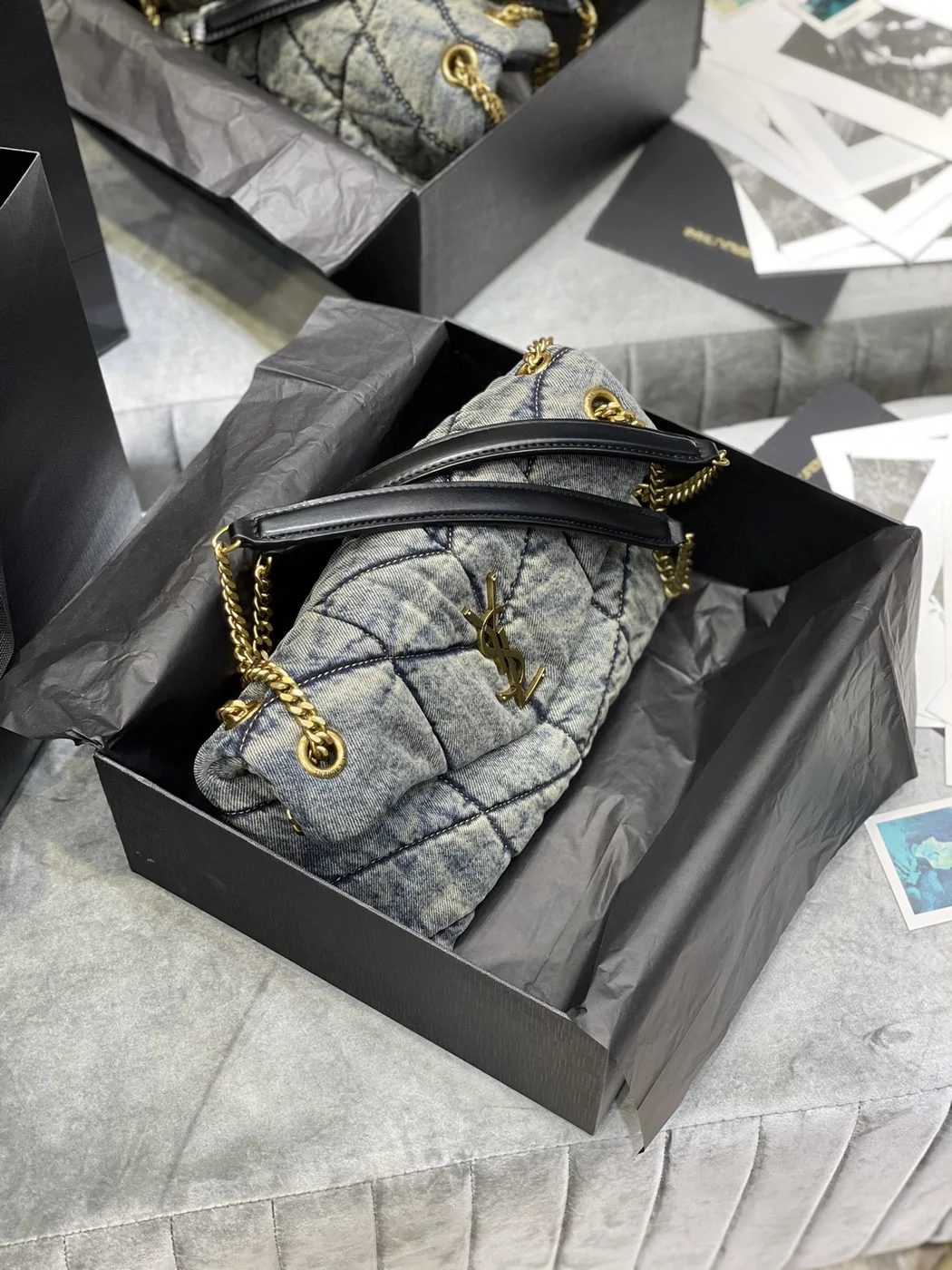 Saint Laurent Chevron Quilted Shoulder Bag Black and Gray product view 7