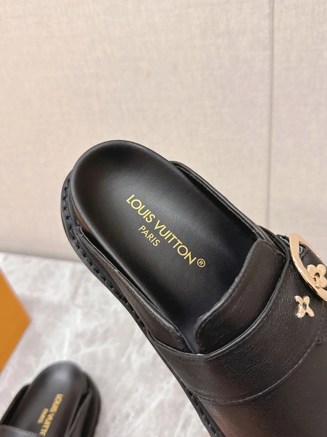 Louis Vuitton Women Black Leather Mules — Round Gold-Tone Buckle Detail product view 2
